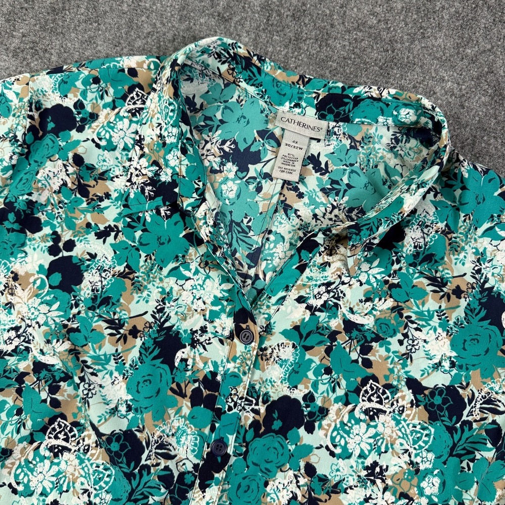 Catherines Button Up Shirt Womens 4X 30/32W Floral 3/4 Sleeve Teal Stretch Top